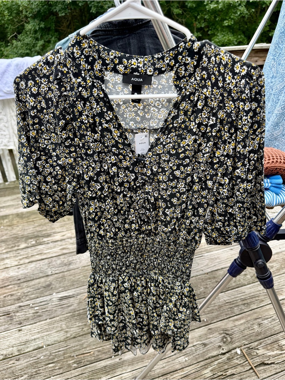 Aqua Black Floral Smocked Mini Dress with Yellow Daisy Print